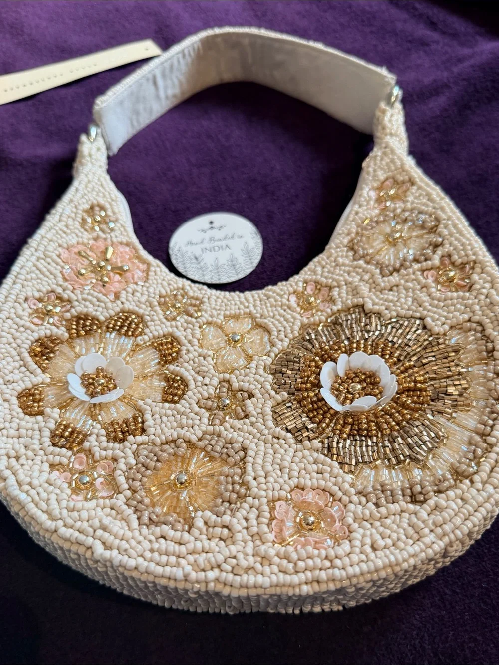 Handmade Beaded Floral Shoulder Bag — Cream